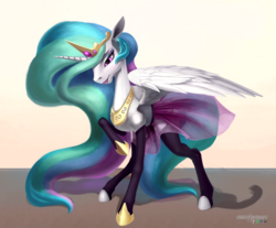 Size: 1280x1060 | Tagged: safe, artist:oneofyouare, princess celestia, g4, clothes, female, raised hoof, skirt, solo, spread wings, stockings, tutu