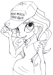 Size: 709x1000 | Tagged: safe, artist:lockhe4rt, sunset shimmer, equestria girls, g4, donald trump, female, hat, humanized, make america great again, monochrome, mouthpiece, solo