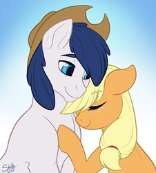 Size: 1280x1417 | Tagged: safe, artist:skjolty, applejack, oc, oc:constance everheart, g4, canon x oc, everjack, eyes closed, neck nuzzle, not elusive, not rarity, not rule 63, nuzzling, shipping