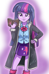 Size: 2219x3312 | Tagged: safe, artist:sumin6301, twilight sparkle, equestria girls, g4, chrollo lucilfer, clothes, coat, crossover, cute, female, high res, hunter x hunter, pleated skirt, skirt, smiling, solo, spellbook, twiabetes, twilight sparkle (alicorn)