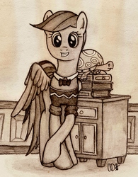 Size: 2715x3488 | Tagged: safe, artist:artofcanterlot, rainbow dash, tank, g4, book, cabinet, clothes, egghead, monochrome, sepia, traditional art, wardrobe