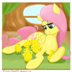 Size: 1024x1024 | Tagged: safe, artist:vincentjiang0v0, fluttershy, g4, chick, chicks, female, floppy ears, prone, smiling, solo