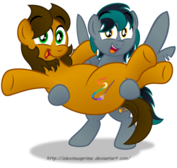 Size: 1024x974 | Tagged: safe, artist:aleximusprime, oc, oc only, oc:alex the chubby pony, oc:blackgryph0n, pony, bipedal, holding a pony, open mouth, simple background, transparent background