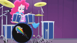 Size: 864x482 | Tagged: safe, screencap, pinkie pie, equestria girls, g4, my little pony equestria girls: rainbow rocks, animated, balloon, boots, clothes, confetti, cropped, cymbals, drum kit, drum pedal, drums, drumsticks, female, high heel boots, legs, microphone, musical instrument, party cannon, pedal, pictures of legs, shoes, skirt, stomping