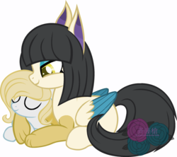 Size: 1024x909 | Tagged: safe, artist:t-aroutachiikun, oc, oc only, oc:princess hathor, oc:skycloud, hybrid, pegasus, pony, colt, eyes closed, female, interspecies offspring, male, mare, offspring, parent:bulk biceps, parent:discord, parent:fluttershy, parent:princess celestia, parents:dislestia, parents:flutterbulk, prone, simple background, transparent background