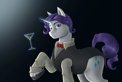 Size: 3000x2014 | Tagged: safe, artist:anadukune, rarity, g4, alcohol, bowtie, clothes, elusive, glass, high res, magic, martini, raised hoof, rule 63, shirt, solo, telekinesis, unshorn fetlocks, vest