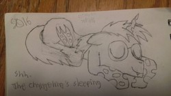 Size: 1280x720 | Tagged: safe, artist:seabridge drive, oc, oc only, oc:stratamax, changeling, curled up, cute, eyes closed, monochrome, sleeping, solo, traditional art