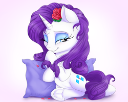 Size: 2500x2000 | Tagged: safe, artist:nobody47, rarity, pony, unicorn, g4, belly button, cute, female, flower, flower in hair, frog (hoof), high res, mare, one eye closed, pillow, raised hoof, raribetes, ring, rose, smiling, solo, underhoof