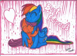 Size: 1024x745 | Tagged: safe, artist:starmoonlightfox, rainbow dash, scootaloo, g4, best friends, eyes closed, hug, scootalove, traditional art, winghug