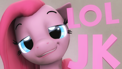 Size: 1280x720 | Tagged: safe, artist:indigosfmworks, pinkie pie, g4, 3d, female, jk, lol, looking at you, pinkamena diane pie, smiling, solo, source filmmaker, wallpaper