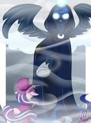 Size: 925x1250 | Tagged: safe, artist:vmcreations02, princess luna, snowfall frost, spirit of hearth's warming yet to come, starlight glimmer, a hearth's warming tail, g4, cloak, clothes, glowing eyes, magic, scene interpretation, spread wings