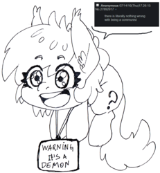 Size: 869x940 | Tagged: safe, artist:lockhe4rt, oc, oc only, oc:anon, oc:filly anon, /mlp/, 4chan, black and white, communism is magic, ear fluff, female, filly, grayscale, monochrome, solo, speech bubble