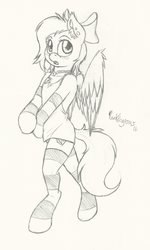 Size: 1149x1920 | Tagged: safe, artist:punk-pegasus, oc, oc only, oc:fearingfun, pegasus, pony, semi-anthro, blushing, clothes, crossdressing, dress, embarrassed, hair bow, looking at you, monochrome, open mouth, shirt pull, sketch, socks, solo, traditional art, worried