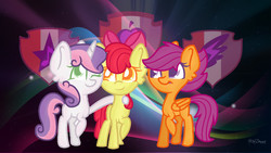 Size: 1366x768 | Tagged: safe, artist:strawberrycupcakes7, apple bloom, scootaloo, sweetie belle, g4, cutie mark, cutie mark crusaders, the cmc's cutie marks