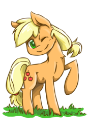 Size: 595x842 | Tagged: safe, artist:thesungods, applejack, g4, chest fluff, female, hatless, missing accessory, one eye closed, raised hoof, simple background, solo, transparent background, wink