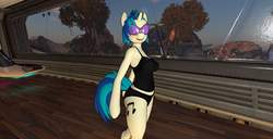 Size: 1920x986 | Tagged: safe, artist:bangayo, dj pon-3, vinyl scratch, anthro, g4, 3d, arm hooves, female, ona, orange nova, second life, solo, sunglasses