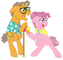 Size: 2688x2560 | Tagged: safe, artist:crazynutbob, cheese sandwich, pinkie pie, pony, g4, balding, bipedal, bipedal leaning, cane, cute, daaaaaaaaaaaw, elderly, female, hair bun, high res, leaning, male, old, older, ship:cheesepie, shipping, simple background, straight, transparent background