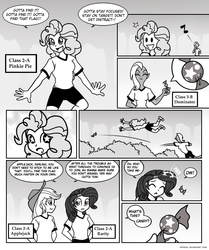 Size: 836x998 | Tagged: safe, artist:crydius, applejack, pinkie pie, rarity, comic:annual chs flag hunt, equestria girls, g4, candy, comic, crossover, food, lord dominator, monochrome, oh no, shoes, sneakers, this will end in pain, uh oh, wander over yonder, wingding eyes