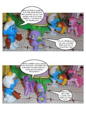 Size: 793x1122 | Tagged: safe, pinkie pie, spike, twilight sparkle, comic:visitas a la aldea pitufa, g4, comic, crossover, jokey smurf, miner smurf, smurf village, smurfs, spanish