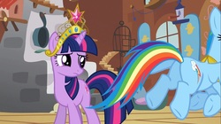 Size: 1100x618 | Tagged: safe, screencap, rainbow dash, twilight sparkle, pony, g4, keep calm and flutter on, big crown thingy, butt, eyes on the prize, female, jewelry, looking at butt, mare, plot, regalia