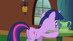 Size: 1100x618 | Tagged: safe, screencap, twilight sparkle, pony, unicorn, a bird in the hoof, g4, season 1, butt, female, frown, jug, lamp, looking at something, mare, open mouth, plot, solo, table, twibutt, unicorn twilight, window