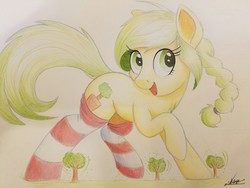 Size: 1280x960 | Tagged: safe, artist:ncmares, oc, oc only, oc:sequoia, pony, clothes, cute, giant pony, macro, open mouth, raised hoof, rumbling, shaking, signature, socks, solo, striped socks, traditional art, tree