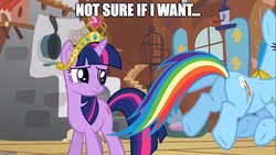 Size: 889x500 | Tagged: safe, edit, edited screencap, screencap, rainbow dash, twilight sparkle, pony, g4, keep calm and flutter on, big crown thingy, butt, caption, element of loyalty, element of magic, female, image macro, jewelry, lesbian, mare, meme, not sure if want, plot, regalia, ship:twidash, shipping