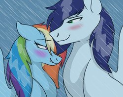 Size: 1024x811 | Tagged: safe, artist:colourstrike, rainbow dash, soarin', pony, g4, blushing, female, male, rain, ship:soarindash, shipping, straight, wet mane