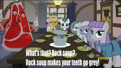 Size: 1500x844 | Tagged: safe, edit, edited screencap, screencap, cloudy quartz, igneous rock pie, limestone pie, marble pie, maud pie, g4, hearthbreakers, crossover, discovery family logo, don't hug me i'm scared, food, frown, image macro, meme, pie family, pie sisters, rock soup, ship:quartzrock, siblings, sisters, smiling, soup