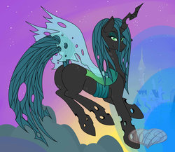 Size: 1024x887 | Tagged: safe, artist:manestreamstudios, queen chrysalis, changeling, changeling queen, g4, bugbutt, butt, female, looking at you, plot, smirk, solo