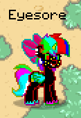 Size: 117x170 | Tagged: safe, oc, oc only, oc:eyesore, alicorn, pony, pony town, alicorn oc, bow, colored hooves, colored horn, colored sclera, colored wings, dirt, donut steel, ear piercing, earring, female, freckles, grass, hair bow, heterochromia, horn, jewelry, mare, multicolored hair, multicolored mane, multicolored tail, my eyes, piercing, tail, text, unshorn fetlocks, wings