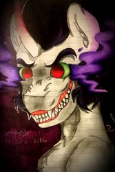 Size: 730x1094 | Tagged: safe, artist:joker-puff, king sombra, g4, dark magic, evil grin, lined paper, magic, male, nightmare fuel, solo, traditional art