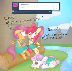 Size: 1280x1253 | Tagged: safe, artist:mr-degration, apple bloom, scootaloo, sweetie belle, g4, argument, ask, cheerleader, chest fluff, clothes, cute, cutie mark crusaders, dialogue, diasweetes, dress, eye contact, floppy ears, food, glare, gritted teeth, looking at you, nom, open mouth, pizza, prone, sitting, skirt, skirtaloo, tumblr, wide eyes