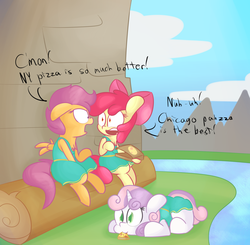 Size: 1280x1253 | Tagged: safe, artist:mr-degration, apple bloom, scootaloo, sweetie belle, g4, argument, cheerleader, chest fluff, clothes, cute, cutie mark crusaders, dialogue, diasweetes, dress, eye contact, floppy ears, food, glare, gritted teeth, looking at you, nom, open mouth, pizza, prone, sitting, skirt, skirtaloo, wide eyes