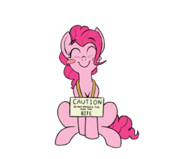 Size: 1200x1096 | Tagged: safe, anonymous artist, artist:trickydick, color edit, edit, pinkie pie, earth pony, pony, g4, blatant lies, blush sticker, blushing, colored, cute, diapinkes, eyes closed, female, happy, pony pet, pony shaming, sign, simple background, sitting, smiling, solo, warning, white background