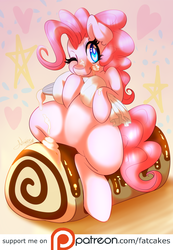 Size: 1280x1847 | Tagged: safe, artist:fatcakes, pinkie pie, earth pony, pony, g4, candy, female, food, frosting, one eye closed, patreon, patreon logo, solo, sweets, tongue out, wink
