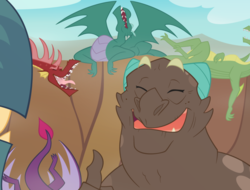 Size: 800x608 | Tagged: safe, artist:queencold, basil, dragon lord torch, oc, oc:grandma griddle, dragon, g4, dragon oc, dragoness, elderly, laughing