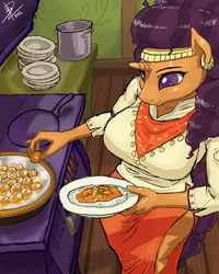 Size: 3200x4000 | Tagged: safe, artist:threewontoo, saffron masala, unicorn, anthro, g4, spice up your life, big breasts, breasts, busty saffron masala, cooking, cute, ear piercing, earring, female, food, high angle, high res, jewelry, kitchen, no pupils, oven, piercing, saffronbetes, side slit, solo, stove, stupid sexy saffron masala, the tasty treat