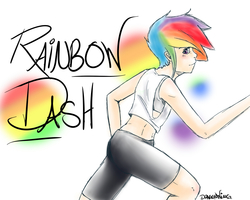 Size: 1500x1200 | Tagged: safe, artist:zombiicrow, rainbow dash, human, g4, belly button, clothes, female, humanized, midriff, shorts, solo, sports bra
