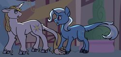 Size: 1309x610 | Tagged: safe, artist:ducksgonnaduck985, prince blueblood, trixie, classical unicorn, pony, unicorn, g4, brother and sister, cloven hooves, female, horn, leonine tail, mare, offspring, parent:prince blueblood, parent:unnamed oc, parents:canon x oc, unshorn fetlocks