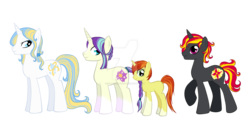 Size: 1600x765 | Tagged: safe, artist:killergirlfuria, oc, oc only, oc:diamante royale, oc:solaria, oc:starburst, oc:sunstorm, offspring, parent:prince blueblood, parent:starlight glimmer, parent:sunburst, parent:sunset shimmer, parent:trixie, parent:unnamed oc, parents:bluetrix, parents:canon x oc, parents:starburst