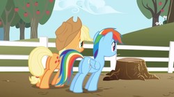 Size: 734x412 | Tagged: safe, screencap, applejack, rainbow dash, pony, g4, the ticket master, butt, cropped, female, mare, plot