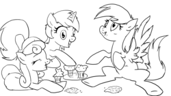 Size: 1920x1080 | Tagged: safe, artist:edo-wonka, bon bon, derpy hooves, lyra heartstrings, sweetie drops, pegasus, pony, g4, female, food, lineart, mare, monochrome, muffin, trio