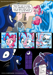 Size: 1447x2047 | Tagged: safe, artist:mysticalpha, pinkie pie, princess luna, alicorn, earth pony, pony, comic:day in the lives of the royal sisters, smile hd, g4, blacklist, catapult nightmare, comic, cotton candy, crown, dialogue, dream, dream walker luna, female, food, food monster, horseshoes, jewelry, mare, monster, night, nightmare, peytral, regalia, role reversal, scroll, speech bubble, vore, wide eyes, writing