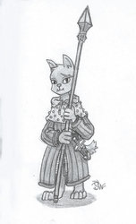Size: 600x985 | Tagged: safe, artist:sensko, diamond dog, dog, armor, dagger, dogified, female, grayscale, monochrome, pencil drawing, simple background, sketch, sleepy, spear, species swap, the black company, traditional art, weapon, white background