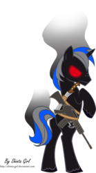 Size: 1843x3317 | Tagged: safe, artist:shinta-girl, oc, oc only, oc:stormy blackrain, gun, knife, rearing, red eyes, solo, weapon