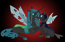 Size: 2274x1500 | Tagged: safe, artist:ambergerr, queen chrysalis, changeling, g4, armor, changeling guard, changeling officer, female, helmet, male, nuzzling, shipping, smiling, straight