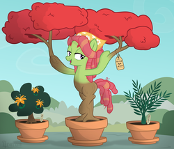 Size: 2000x1713 | Tagged: safe, artist:icaron, tree hugger, earth pony, pony, derpibooru, g4, meta, mid-transformation, plant tf, potted plant, red leaves, show accurate, solo, tags, transformation, tree, underhoof