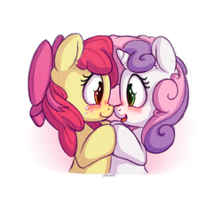 Size: 1200x1100 | Tagged: safe, artist:bobdude0, apple bloom, sweetie belle, earth pony, pony, unicorn, g4, adorabloom, blushing, boop, cute, diasweetes, female, filly, freckles, lesbian, looking at each other, noseboop, open mouth, ship:sweetiebloom, shipping, simple background, smiling, white background