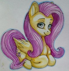 Size: 846x866 | Tagged: safe, artist:liza-jack, fluttershy, g4, female, looking at you, solo, traditional art